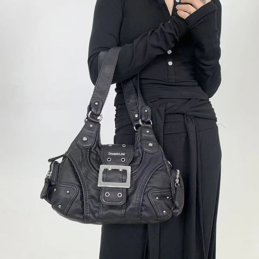 Y2K Millennium Hot Girl Rivet Used Motorcycle Bag Multi Pocket Retro Personalized Street Crossbody Bag