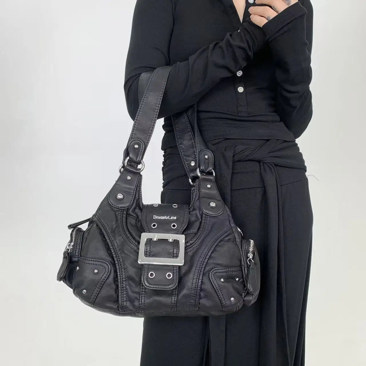 Y2K Millennium Hot Girl Rivet Used Motorcycle Bag Multi Pocket Retro Personalized Street Crossbody Bag