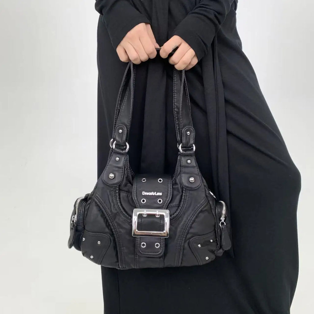 Y2K Millennium Hot Girl Rivet Used Motorcycle Bag Multi Pocket Retro Personalized Street Crossbody Bag